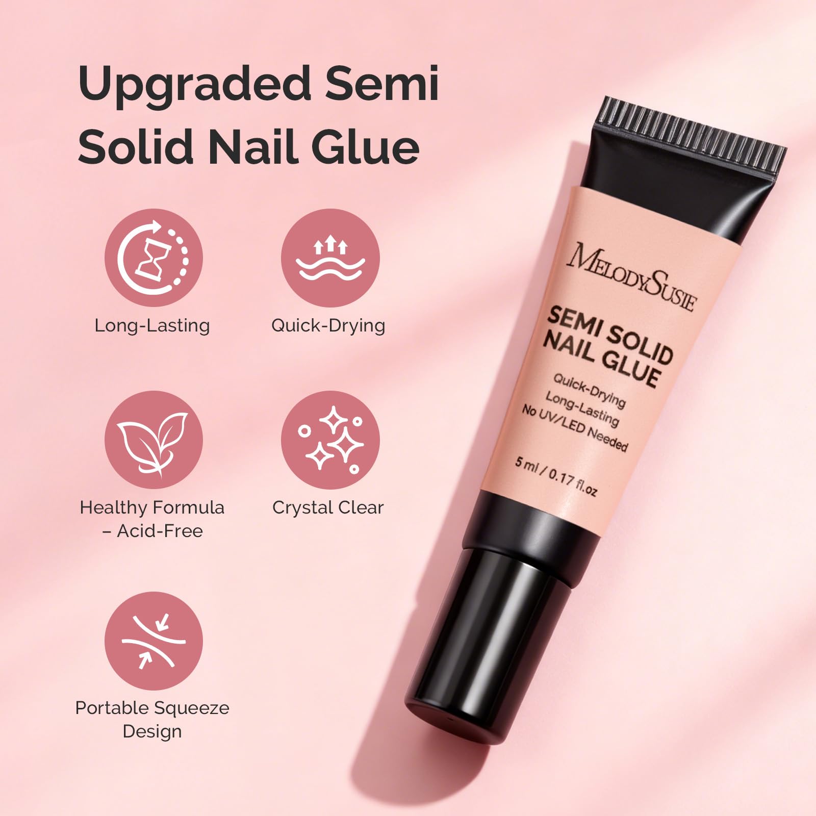 MelodySusie nail glue box showing six tubes and long-lasting hold for press-on nails