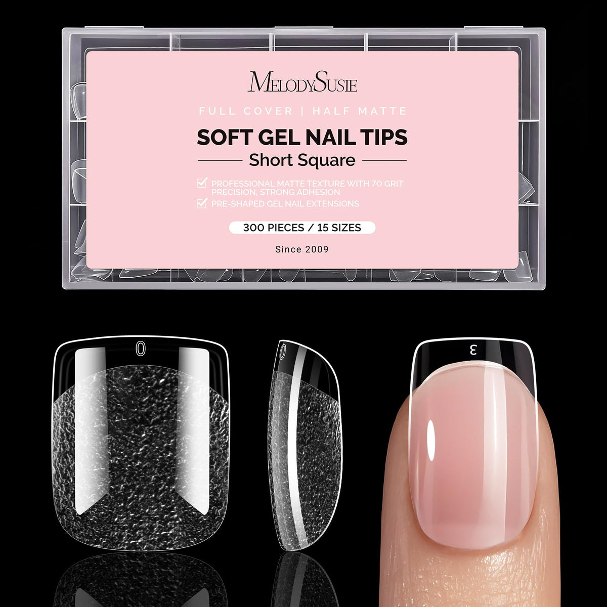 MelodySusie Nail Tips display of 300 clear tips for beginner-friendly extensions.
