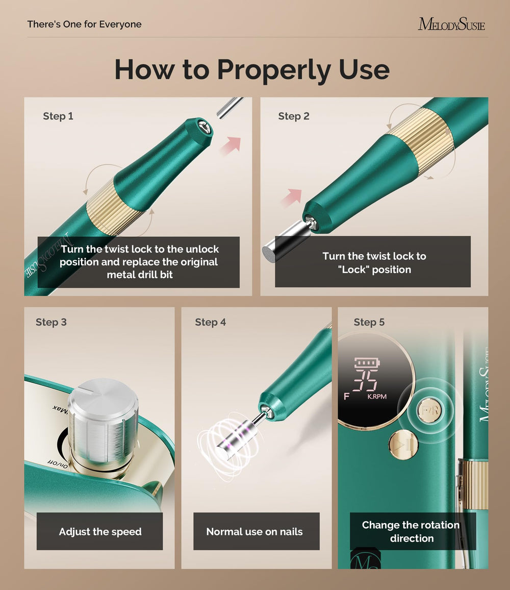MelodySusie silent-operation-nail-drill minimizes noise for calm, focused nail care.