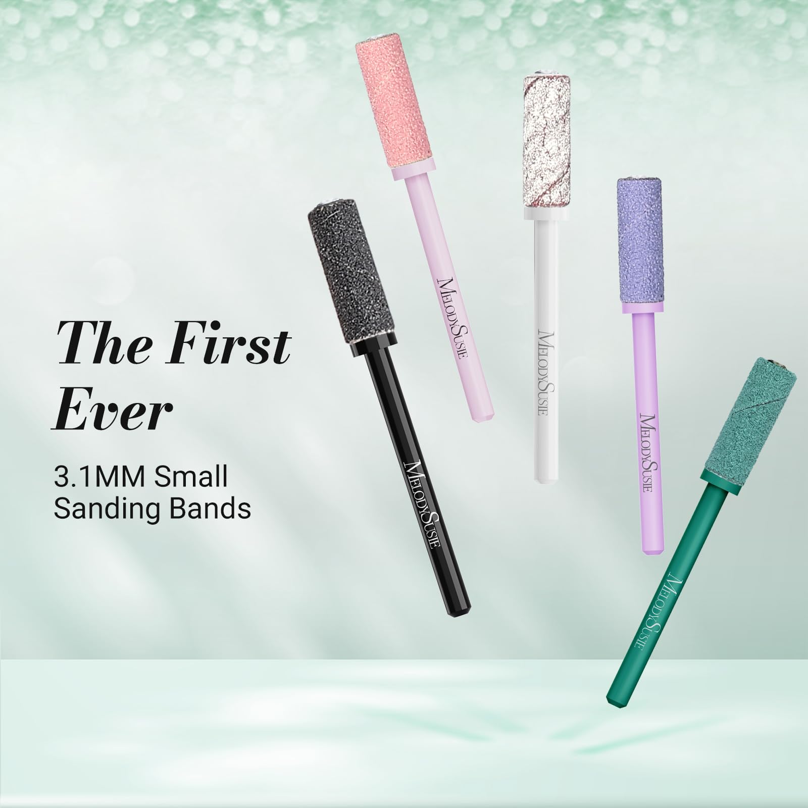 MelodySusie small sanding bands 3-1mm mandrel close-up demonstrates precise shaping for gel and acrylic prep.