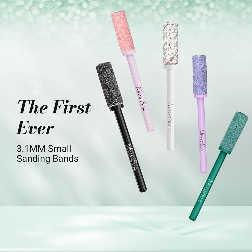 MelodySusie small sanding bands 3-1mm mandrel close-up demonstrates precise shaping for gel and acrylic prep.