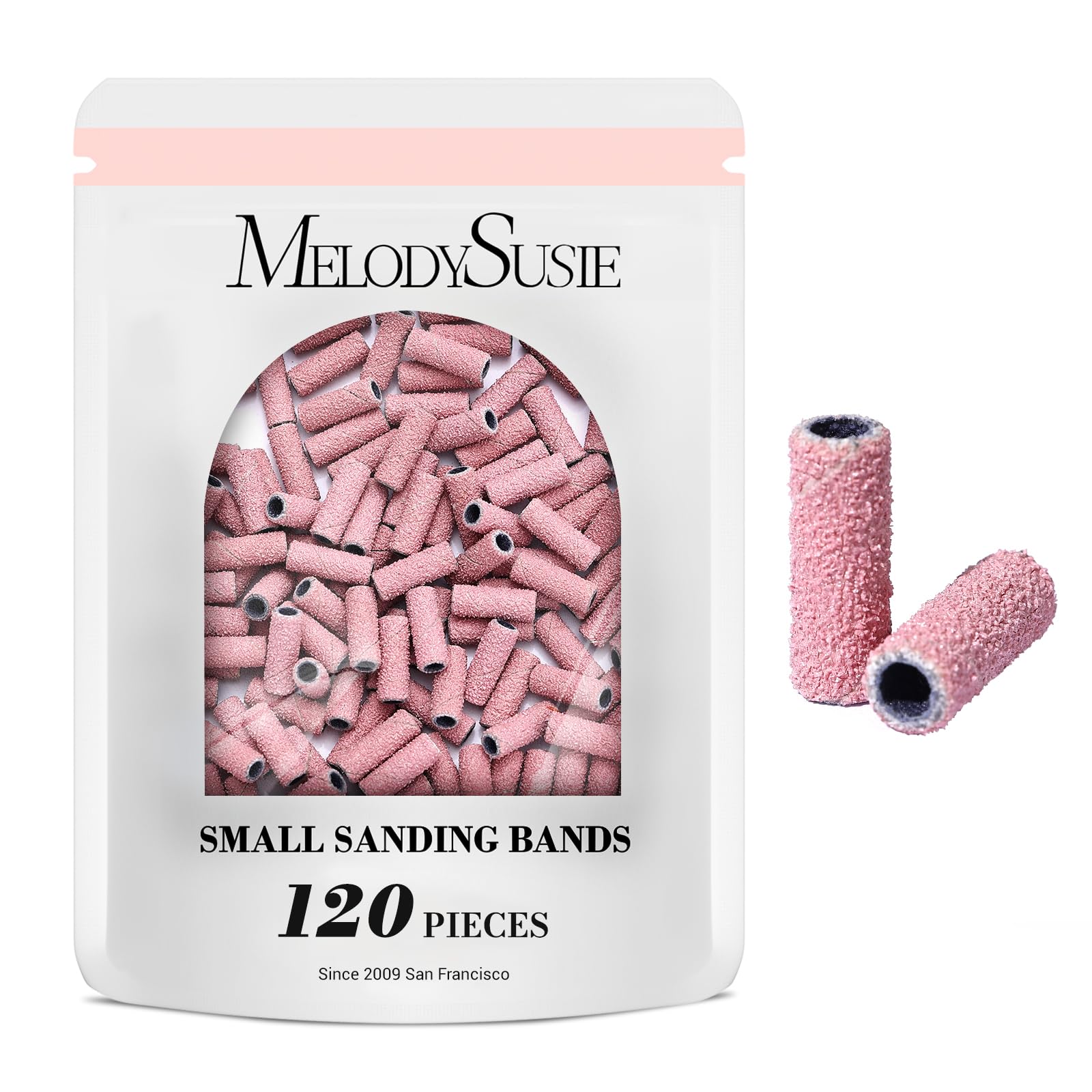 MelodySusie pink sanding bands packaging designed for precise nail shaping.