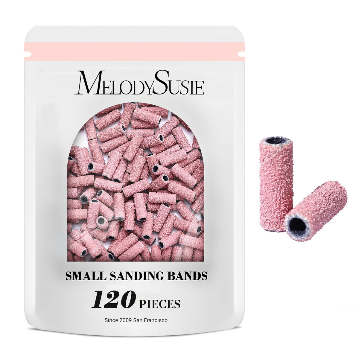 MelodySusie pink sanding bands packaging designed for precise nail shaping.