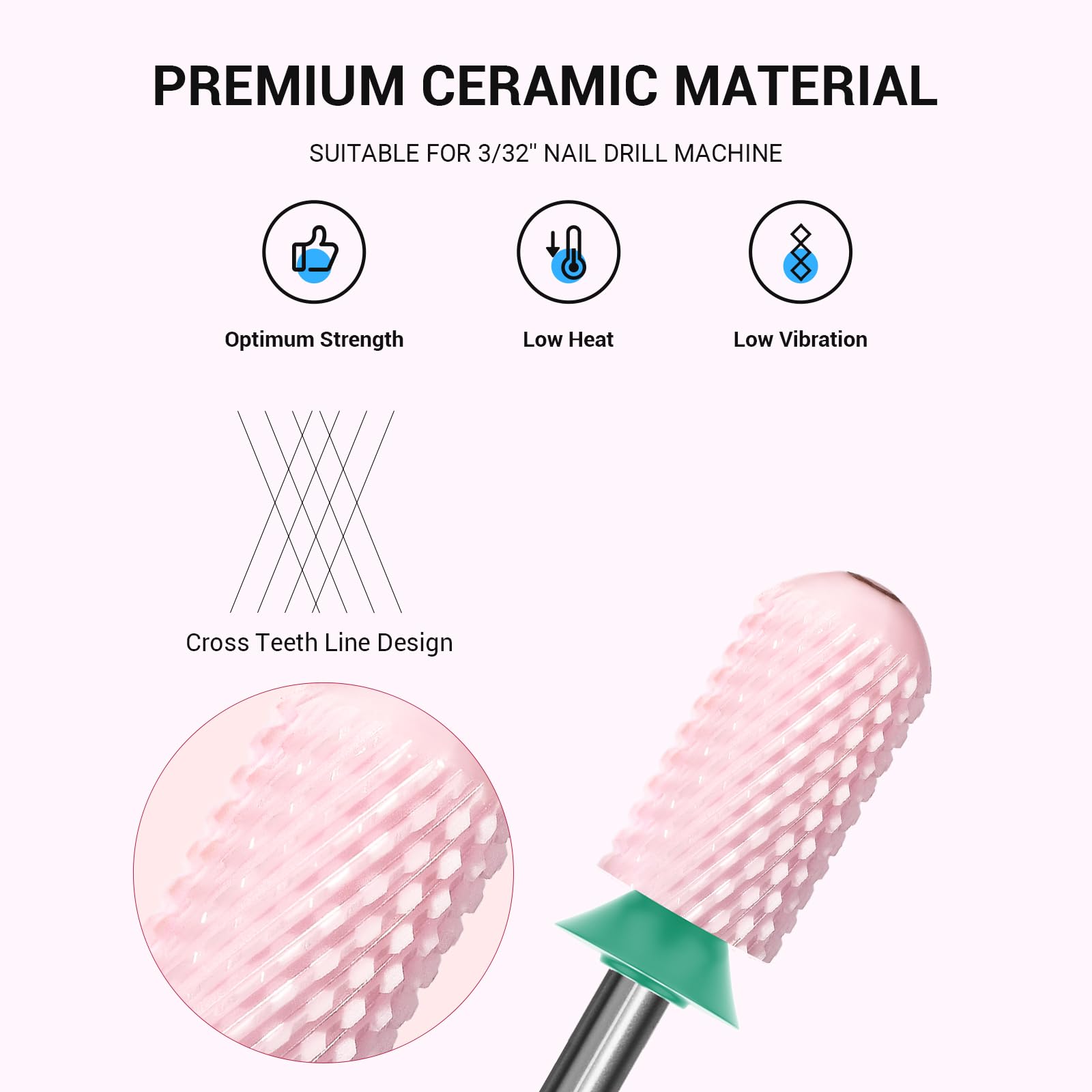 MelodySusie smooth-top ceramic bit in pink reduces friction and protects cuticles during shaping.