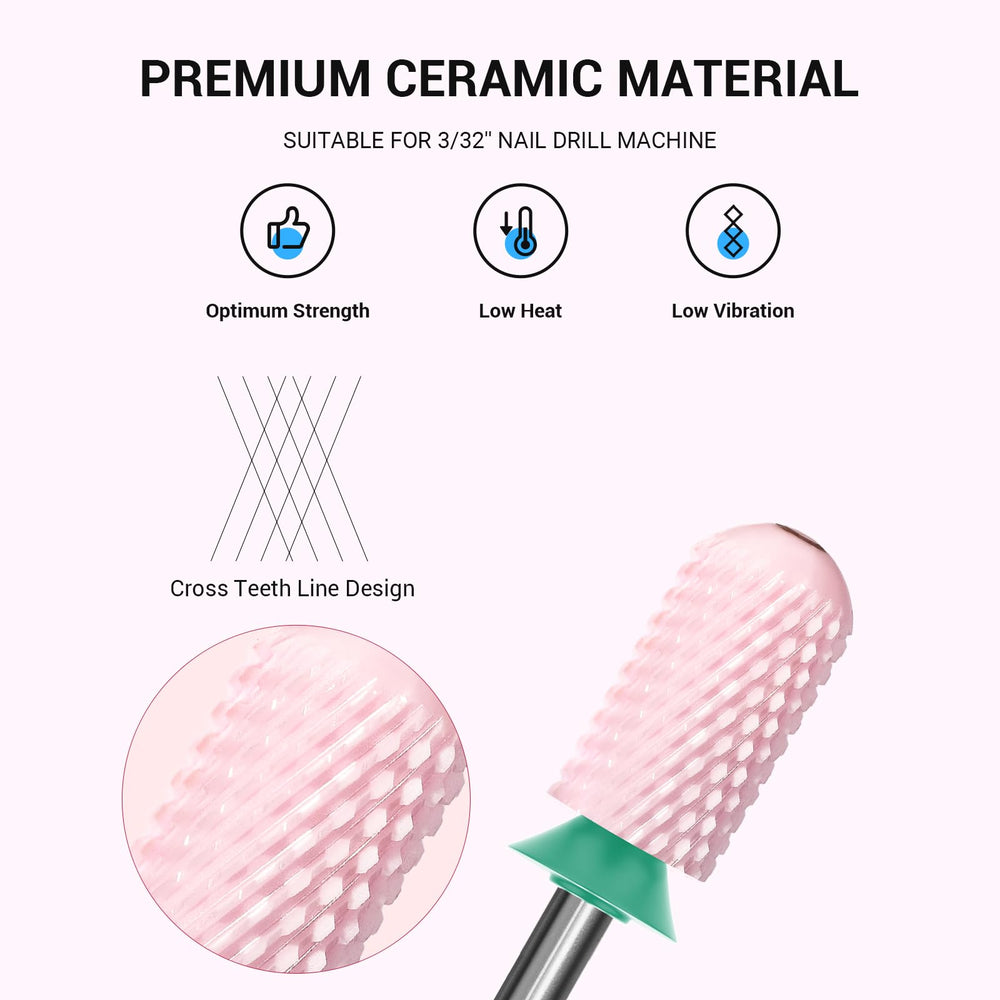 MelodySusie smooth-top ceramic bit in pink reduces friction and protects cuticles during shaping.
