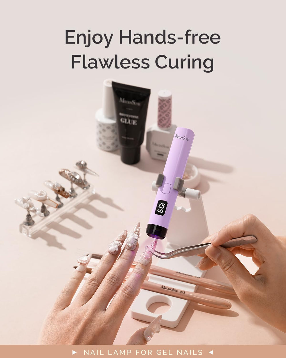MelodySusie stand design supports hands-free nail art sessions.