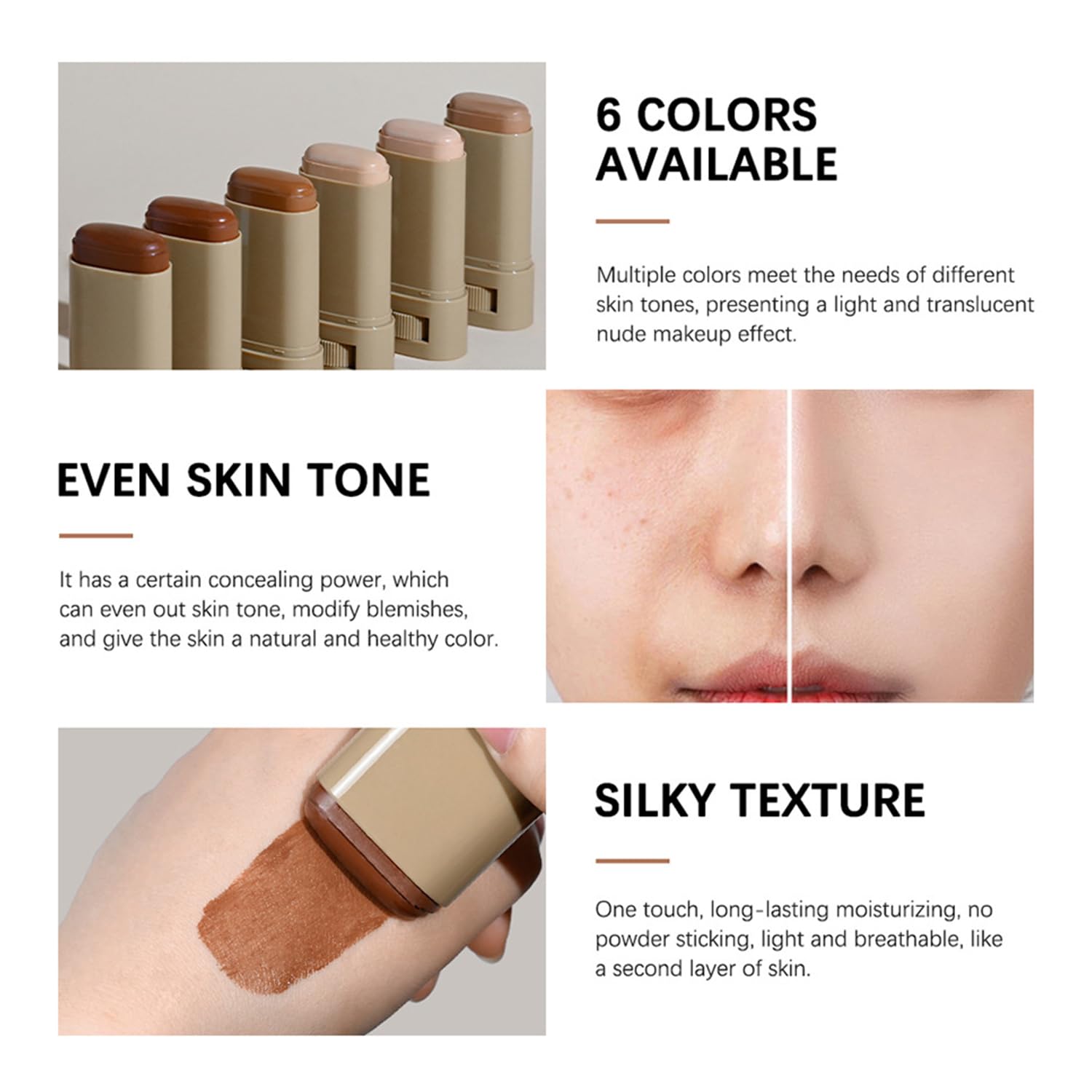 Melsintern Foundation Stick hyaluronic acid offers hydration during wear.