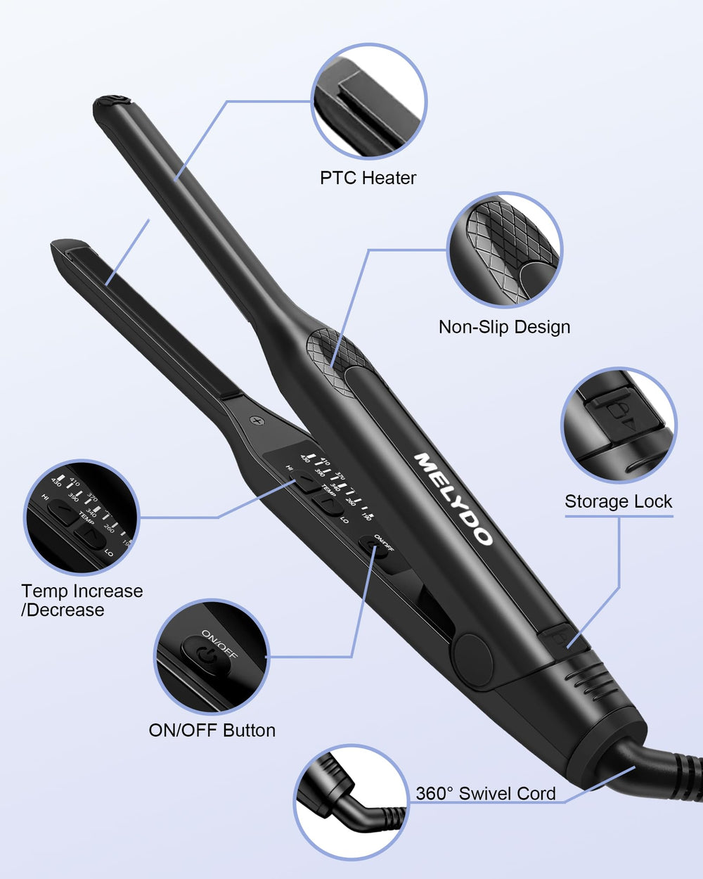 MELYDO Pencil Flat Iron 360 swivel cord for easy maneuverability