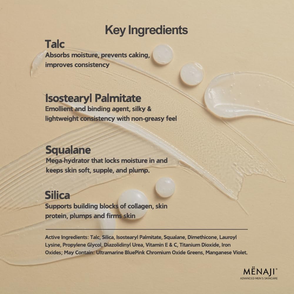Menaji Anti-Shine Powder packaging showcases talc-based formula with vitamins for nourished skin.