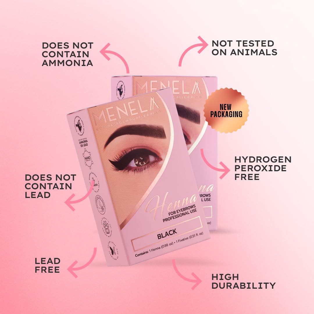 Menela Eyebrow Henna Kit components laid out for easy use.