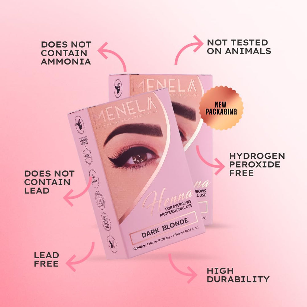 MENELA Eyebrow Henna Kit components arranged for easy at-home brow tinting.