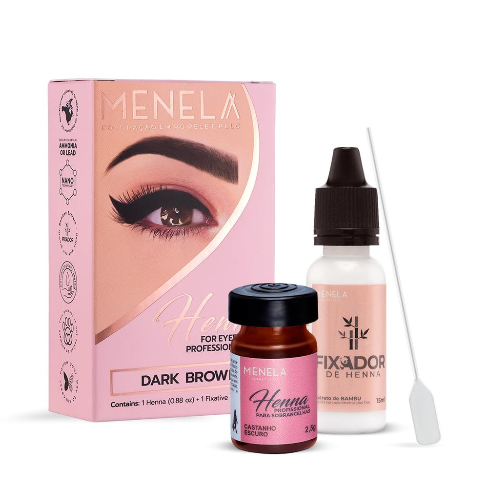 MENELA Eyebrow Henna Tint Kit showcases the dark brown tint for natural-looking brows.