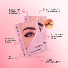 MENELA eyebrow tint kit laid out with 2.5g henna powder for precise brushing.