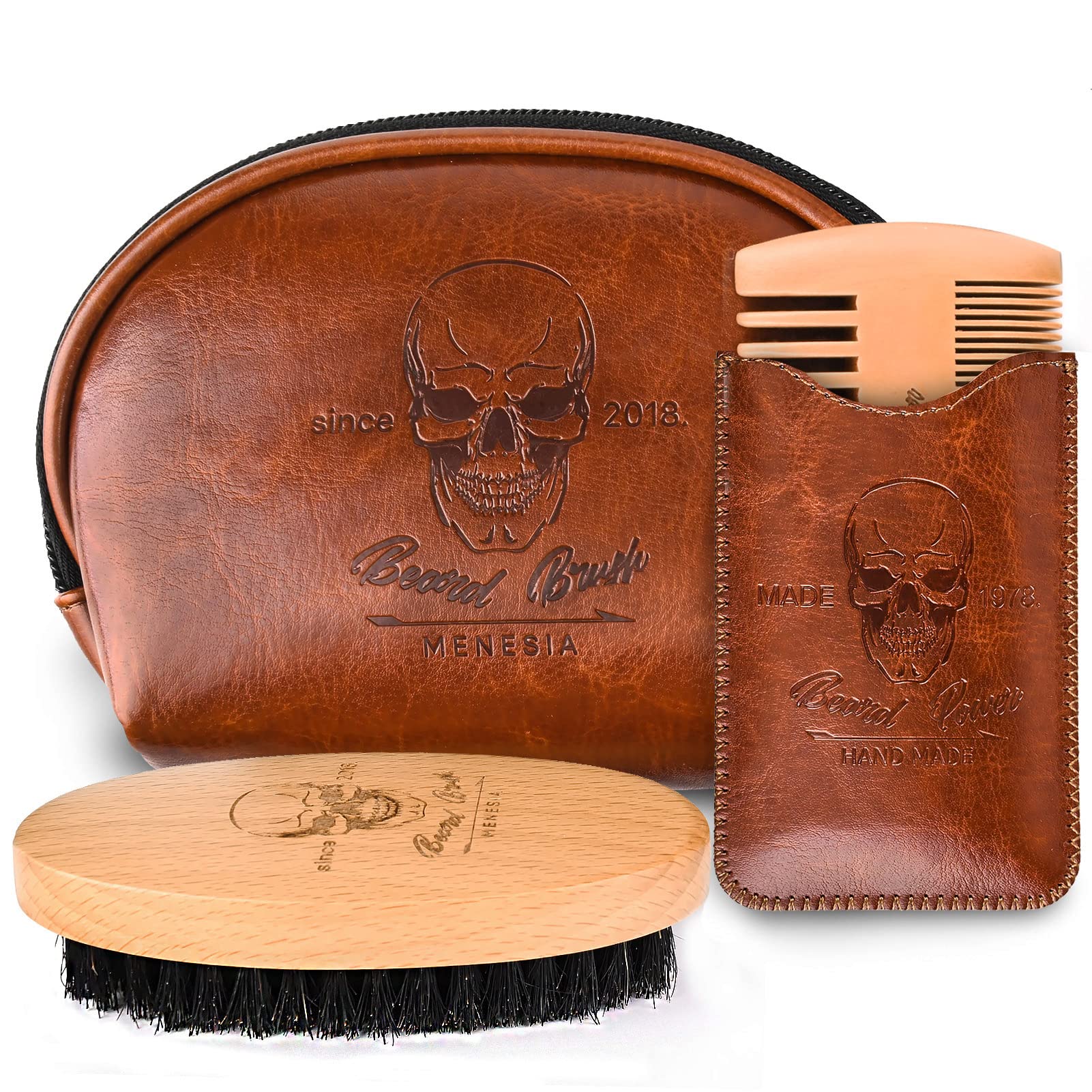 Menesia beard brush close-up with boar bristles for smoother grooming