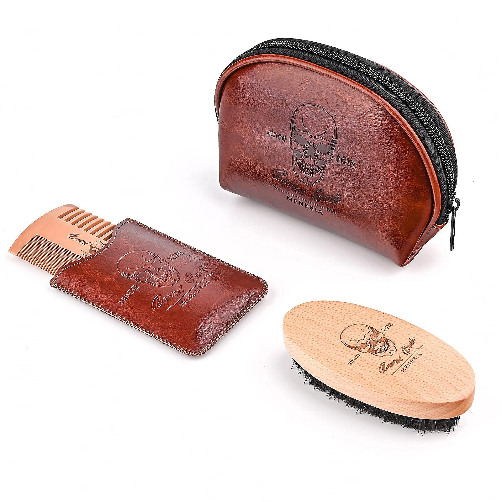 Menesia wooden beard comb close-up for detangling and shaping facial hair