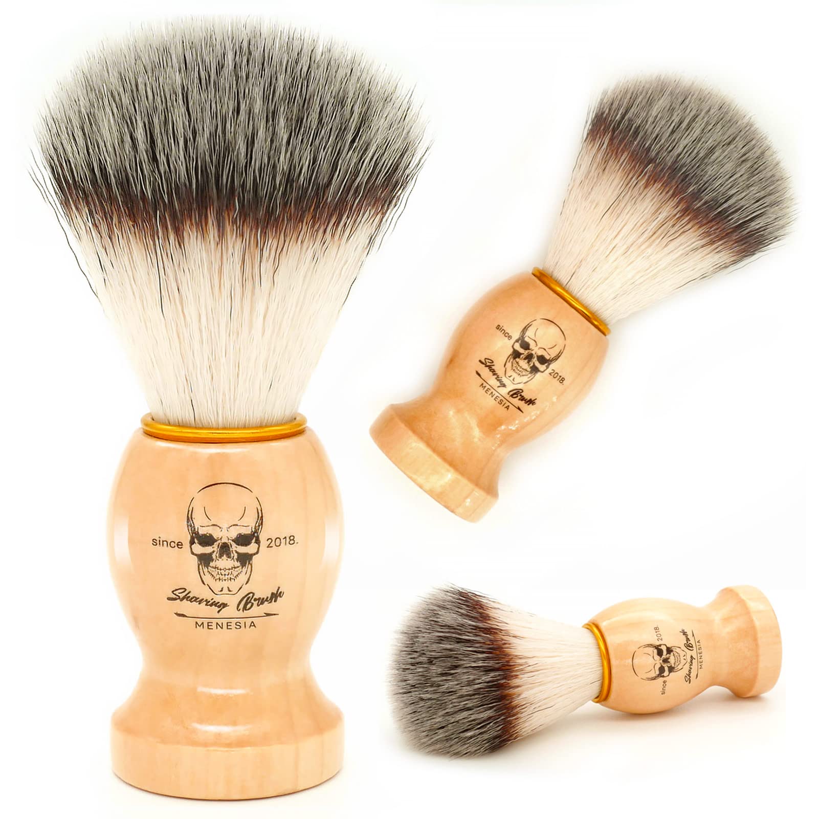 Menesia shaving brush with wood handle delivers rich lather for a smooth shave.