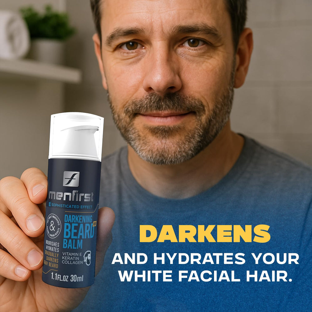 Gradual color blend illustrates subtle gray reduction with MENFIRST balm.