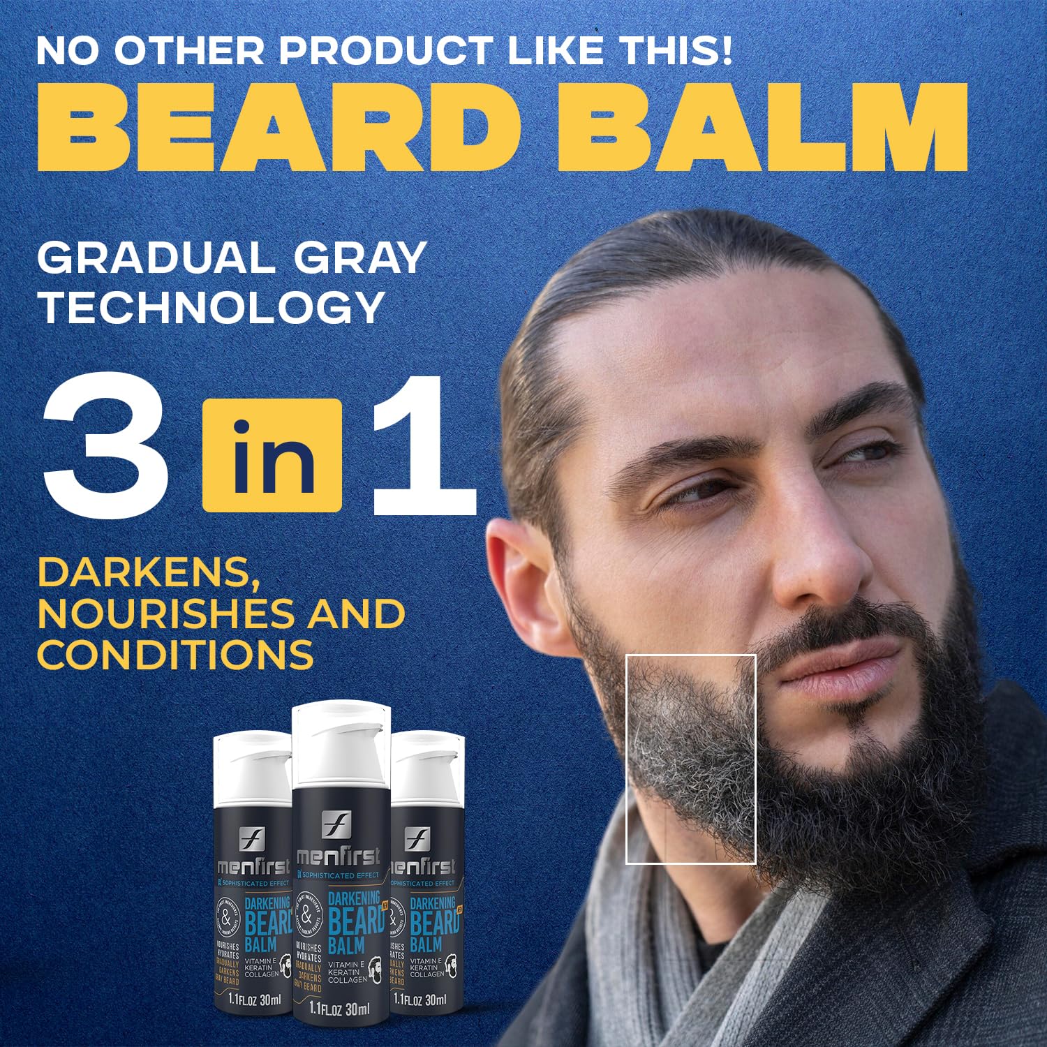 MENFIRST Darkening Beard Balm highlights keratin, collagen, and vitamin E actives for healthier-looking hair.