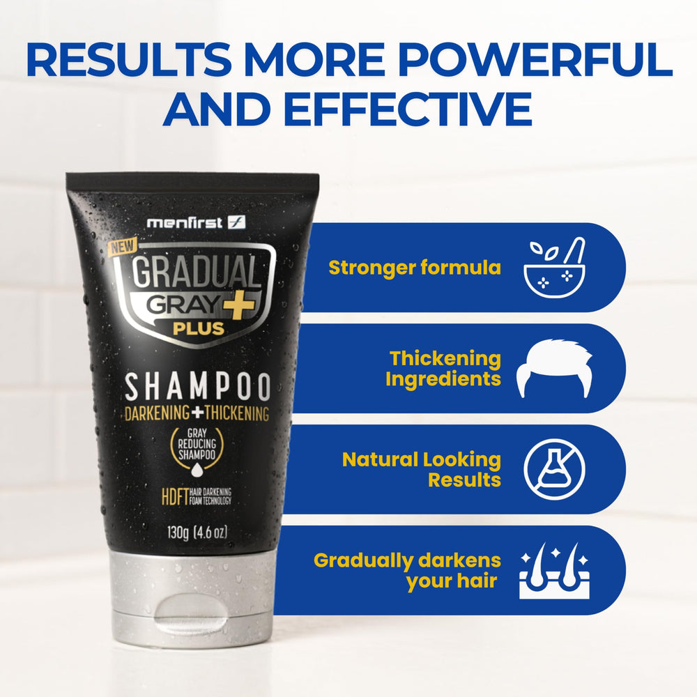 MENFIRST Gradual Gray PLUS Shampoo color coverage shows natural gray blending.