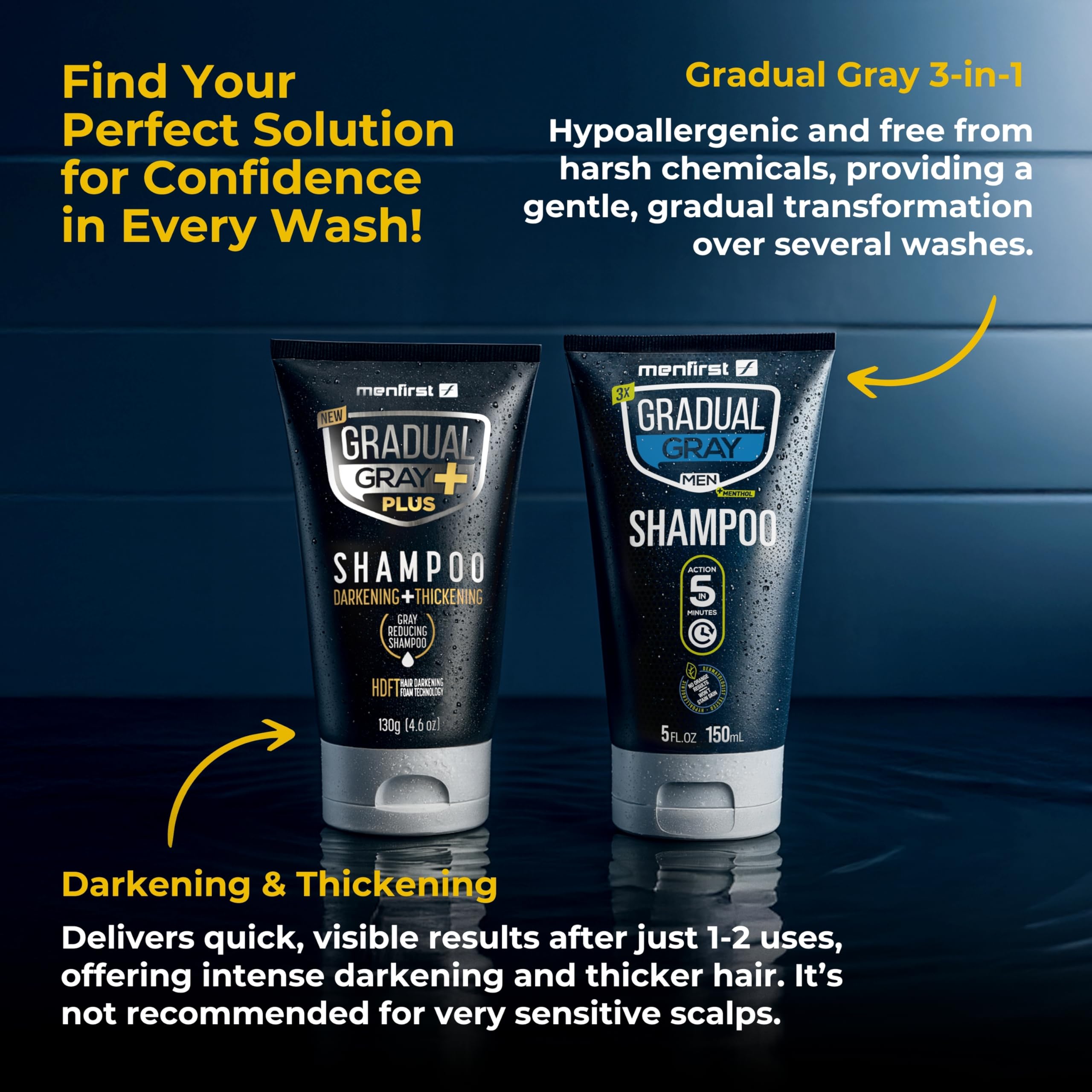 MENFIRST Gradual Gray PLUS Shampoo pigment boost for deeper tone.