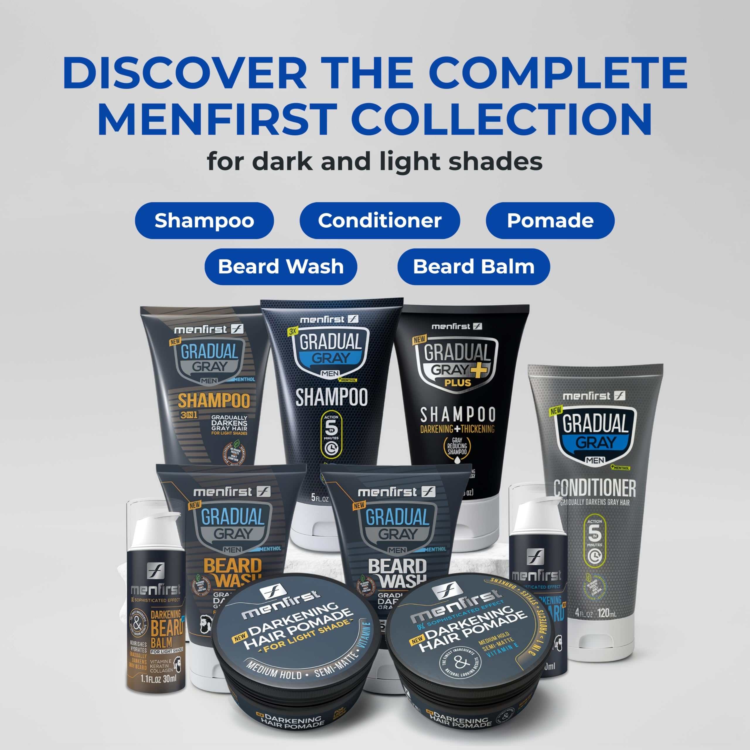 MENFIRST Gradual Gray PLUS Shampoo thickening effect adds fullness.