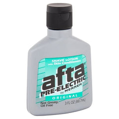 Mennen Afta pre-electric shave lotion pump showing non-greasy formula for comfort