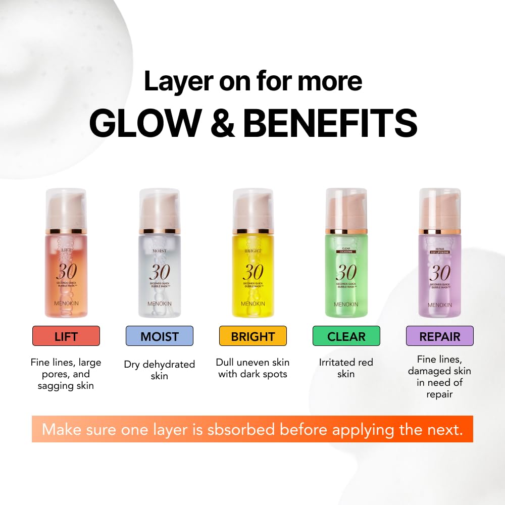 MENOKIN Lift Bubble Mask compact jar and ingredients highlight convenient at-home spa moments.