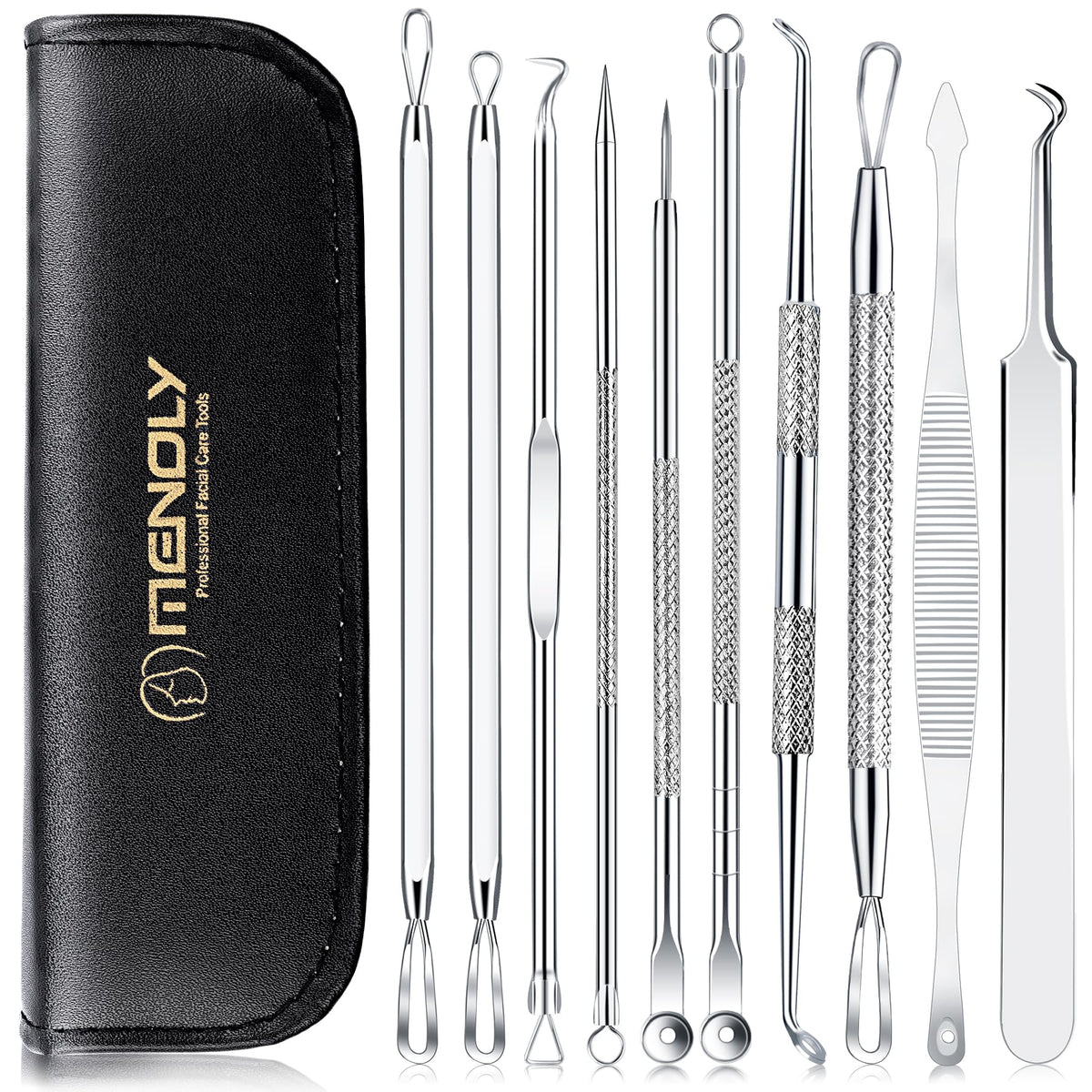 MENOLY pimple popper toolkit-10pcs set ready for precise blemish removal.