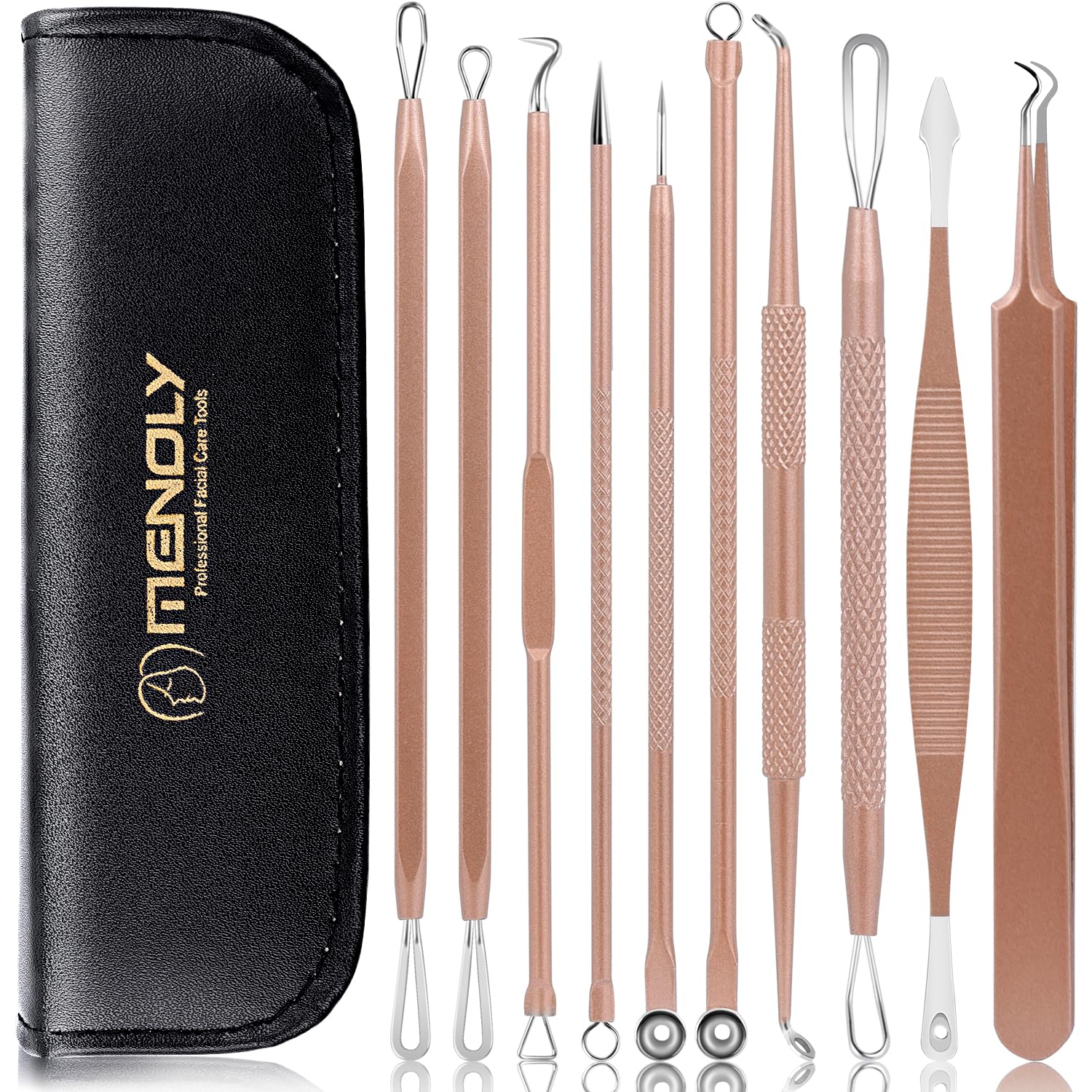 MENOLY pimple popper toolkit in rose-gold case for travel-ready blemish care.