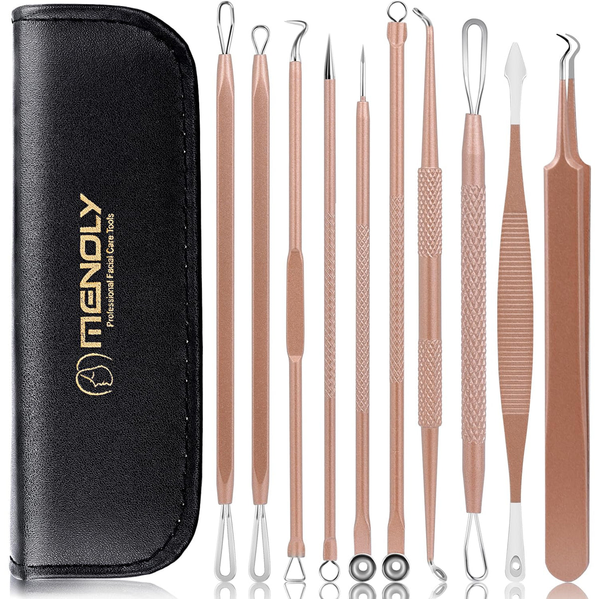 MENOLY pimple popper toolkit in rose-gold case for travel-ready blemish care.