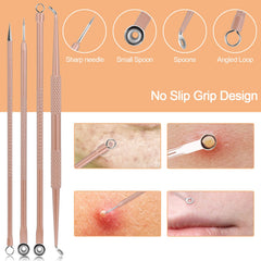 MENOLY stainless steel acne tools with anti-slip handles for control.