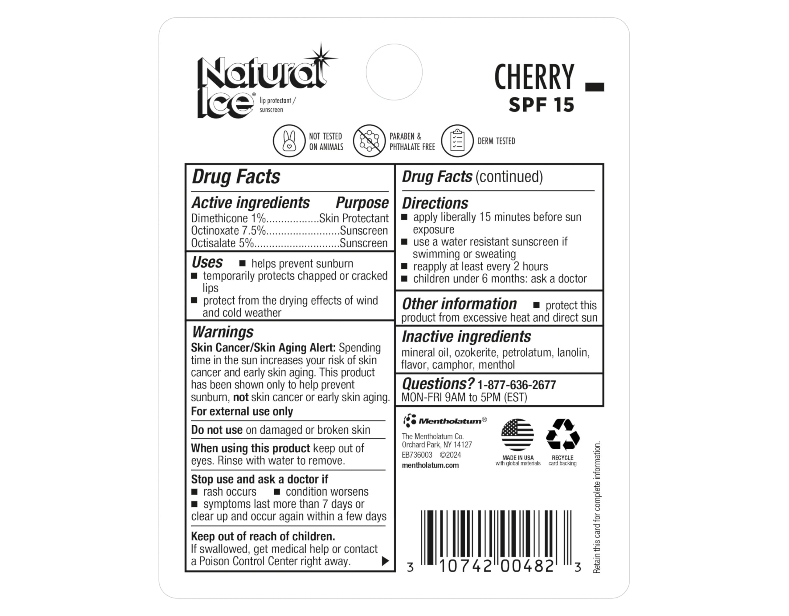 Mentholatum Cherry-flavored cooling sensation lip balm for refreshing relief.