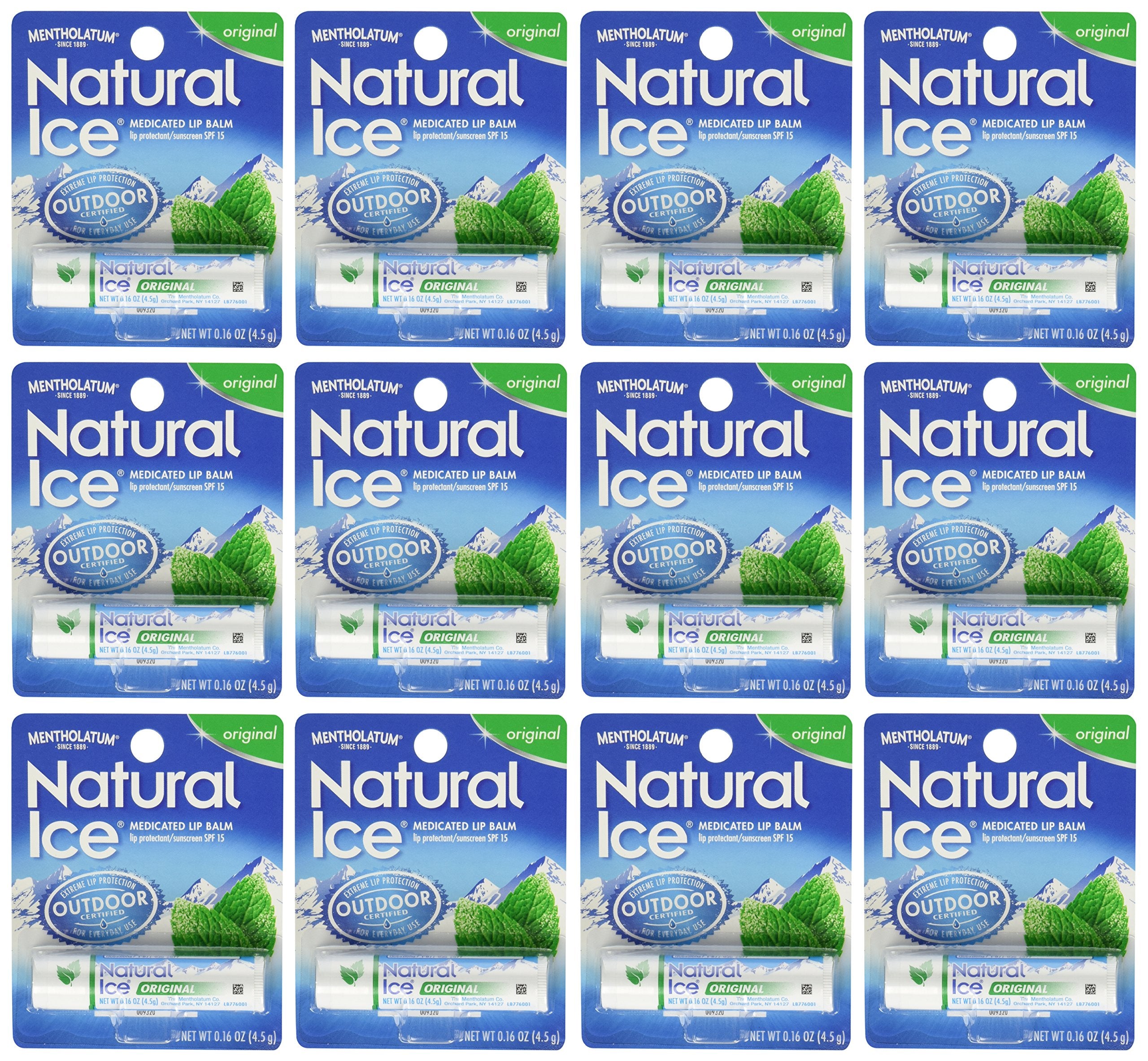 Mentholatum Natural Ice lip balm pack of 12 with compact tubes for everyday cooling protection.