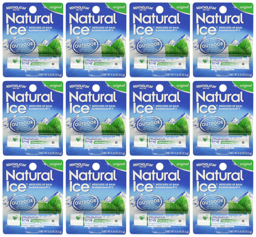 Mentholatum Natural Ice lip balm pack of 12 with compact tubes for everyday cooling protection.