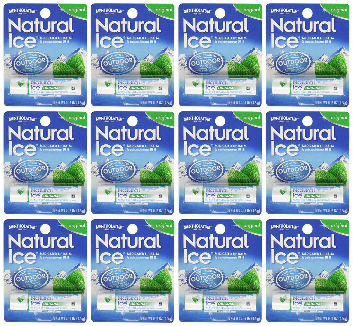 Mentholatum Natural Ice lip balm pack of 12 with compact tubes for everyday cooling protection.