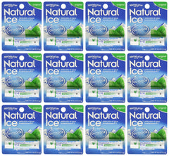 Mentholatum Natural Ice lip balm pack of 12 with compact tubes for everyday cooling protection.