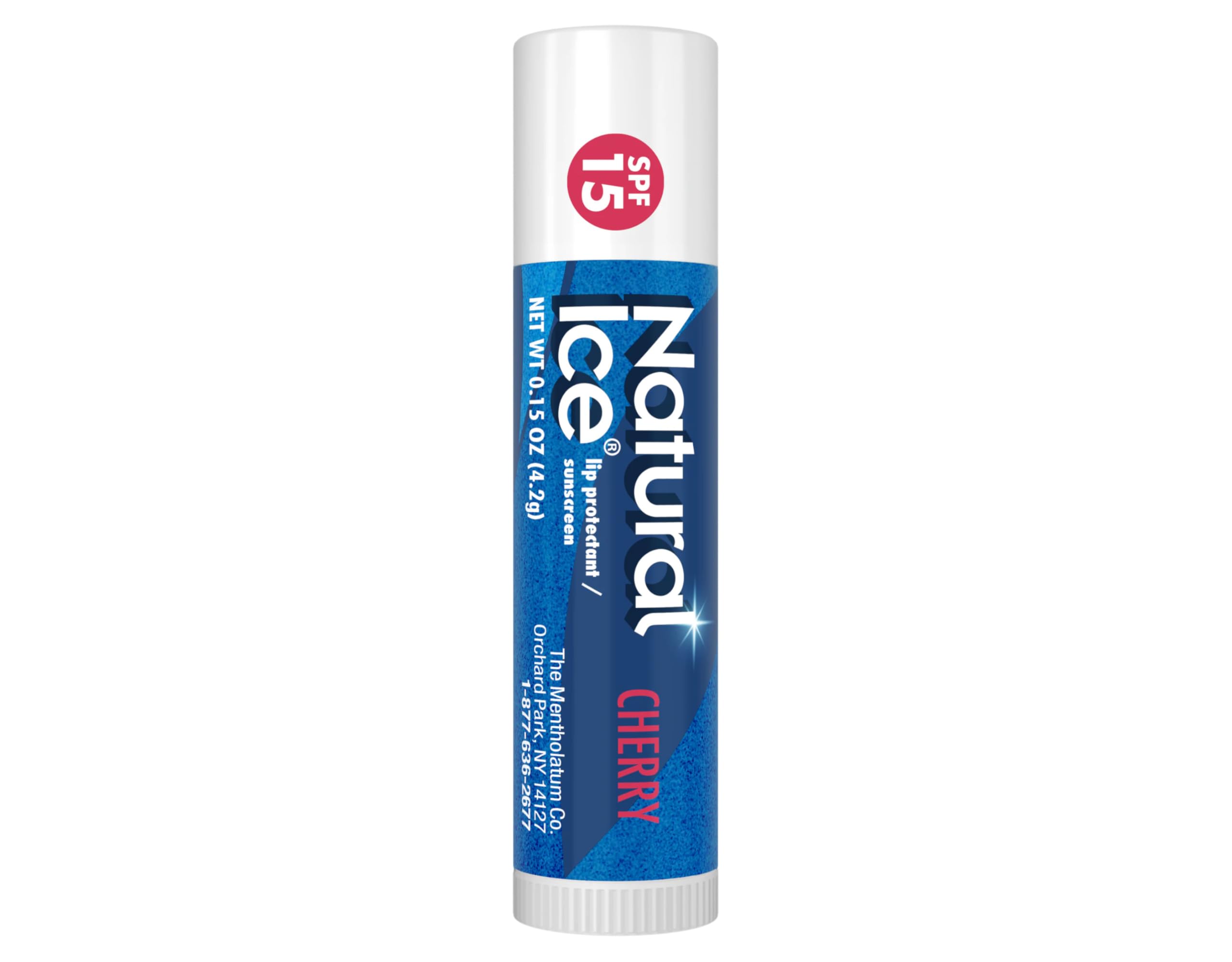 Mentholatum Natural Ice SPF15 lip balm guarding lips from sun and wind.