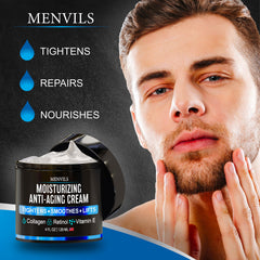 Menvils box packaging shows premium men's moisturizer for anti-aging routines.