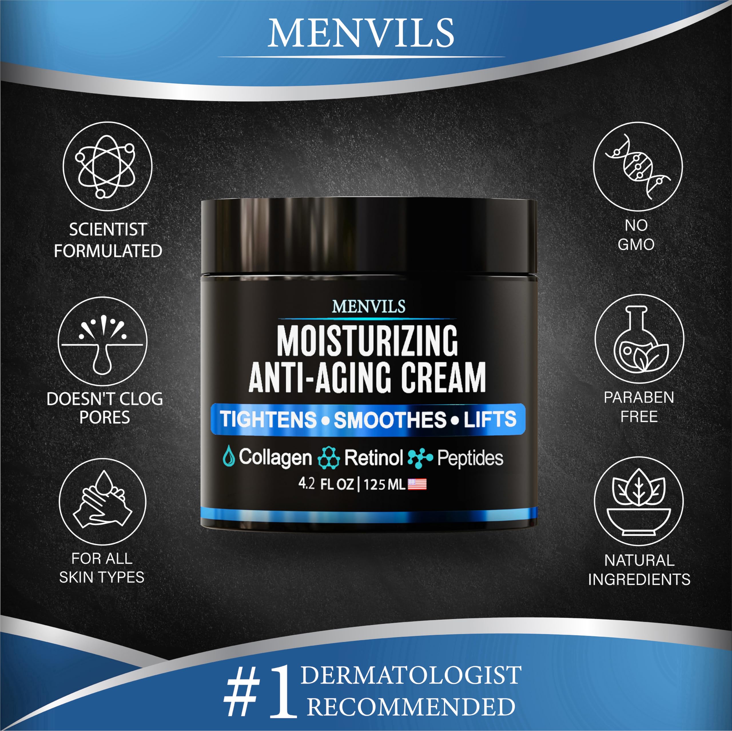 Menvils product packaging and label emphasizes day and night skincare routine compatibility.