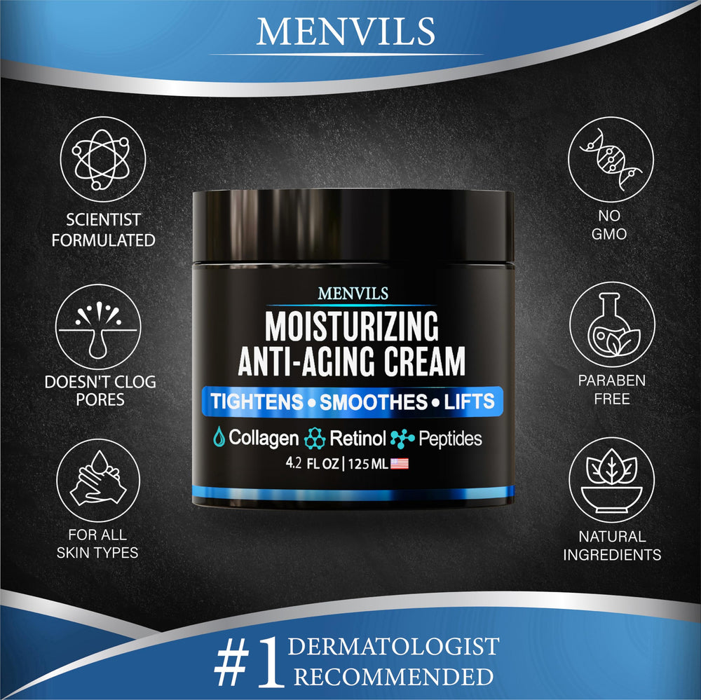 Menvils product packaging and label emphasizes day and night skincare routine compatibility.