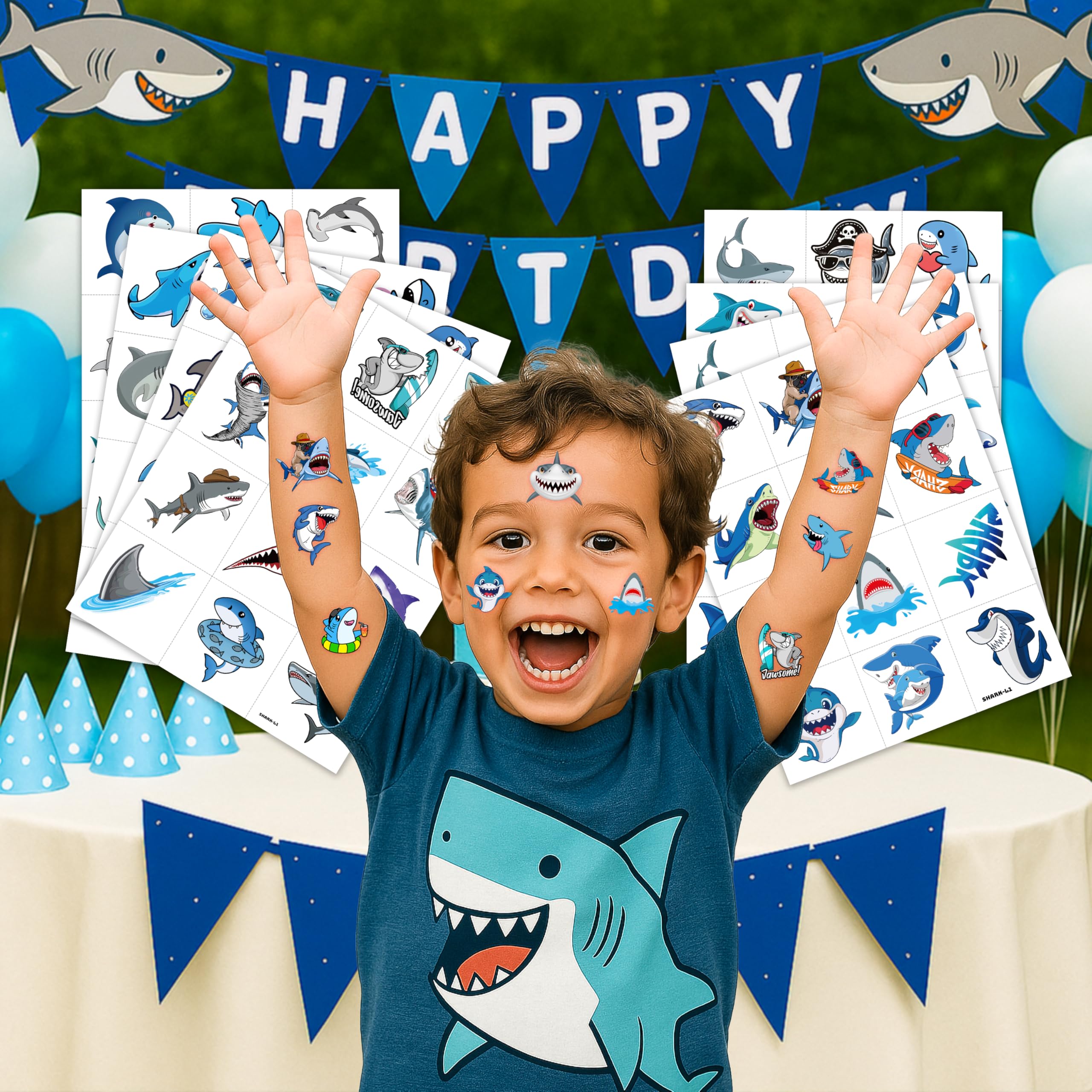 MeoIsDaBest shark tattoos sheet for birthdays and classrooms