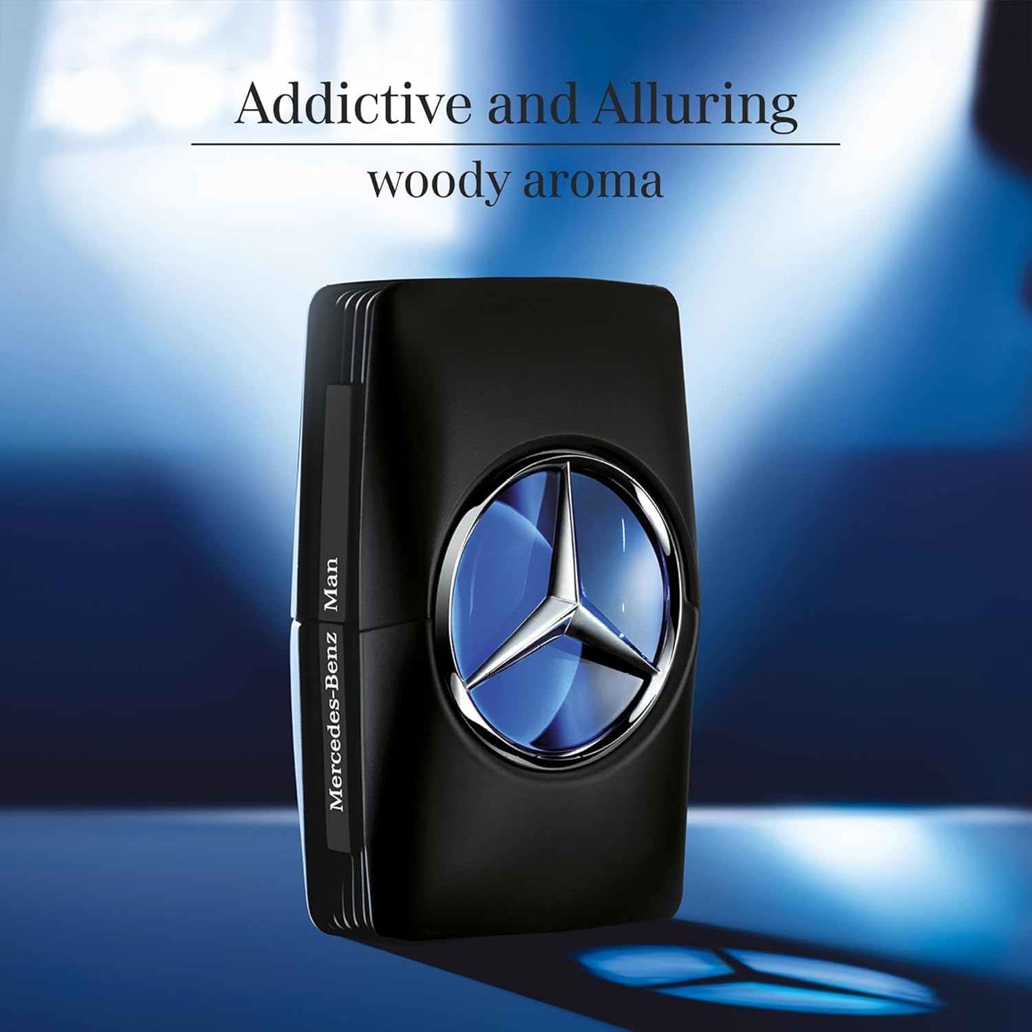 Mercedes-Benz Man Intense closeup cap reveals luxe packaging and lasting scent promise.