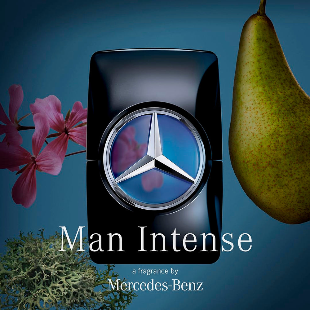 Mercedes-Benz Man Intense geranium-heart focus captures fresh floral heart.