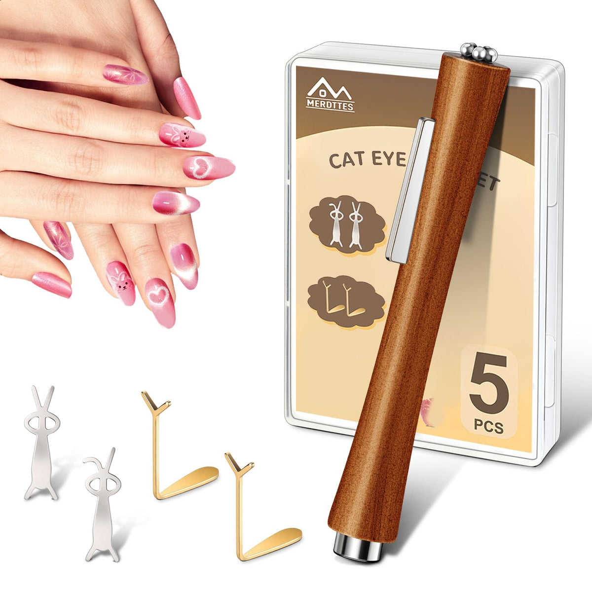 MERDTTES cat-eye magnet pen wooden handle for precise nail-art control.
