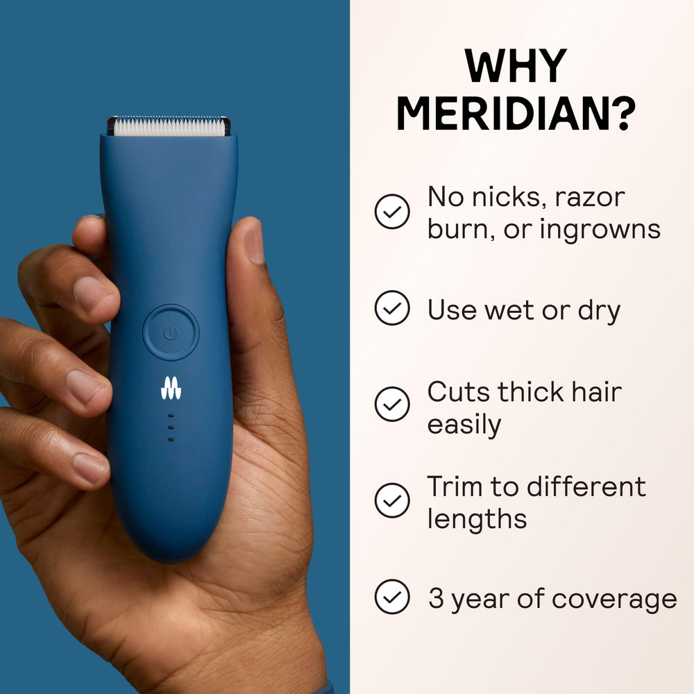 Meridian The Trimmer Original anti-nick guard highlights safer grooming on sensitive areas.