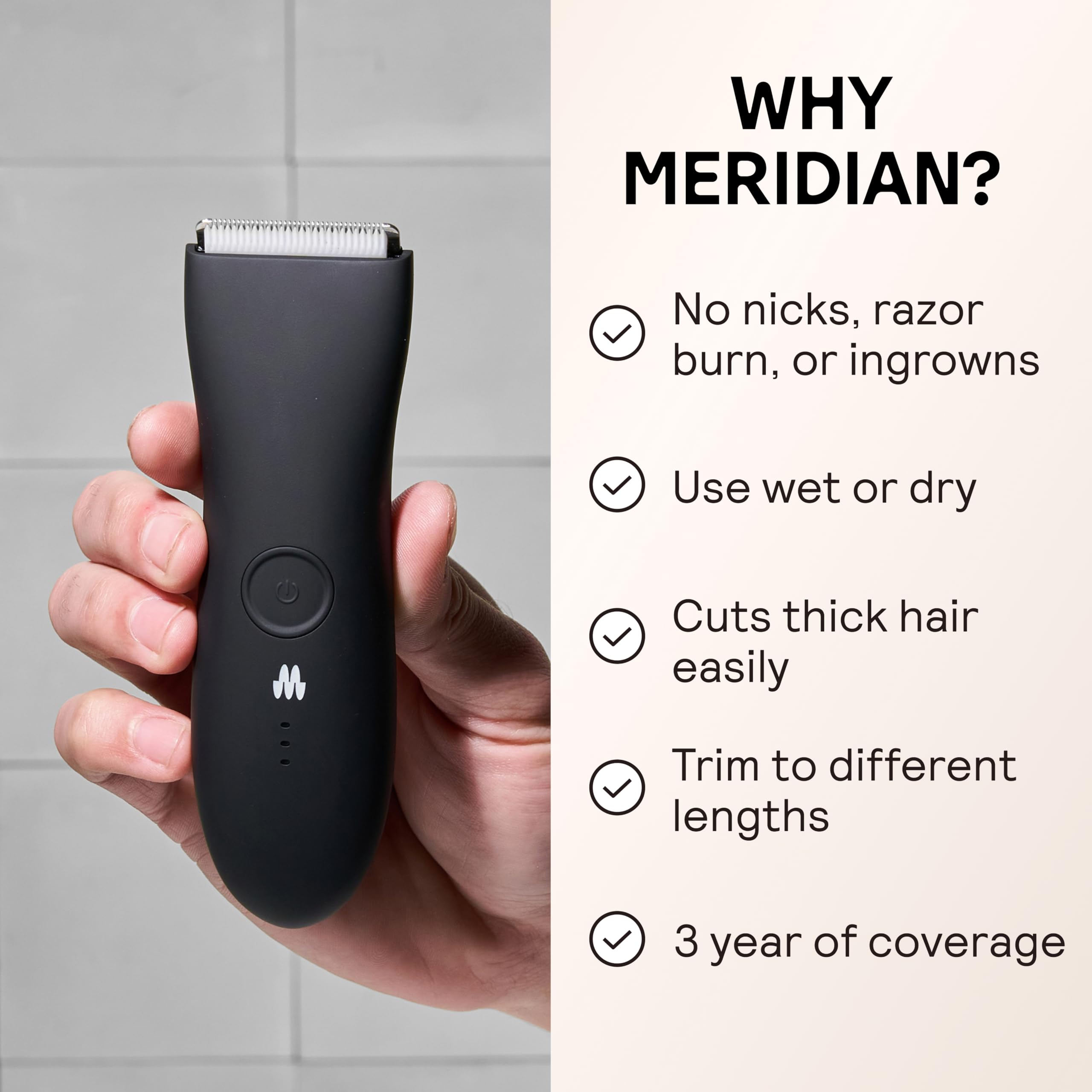 MERIDIAN The Trimmer Original in shower demonstrates waterproof convenience for quick trims