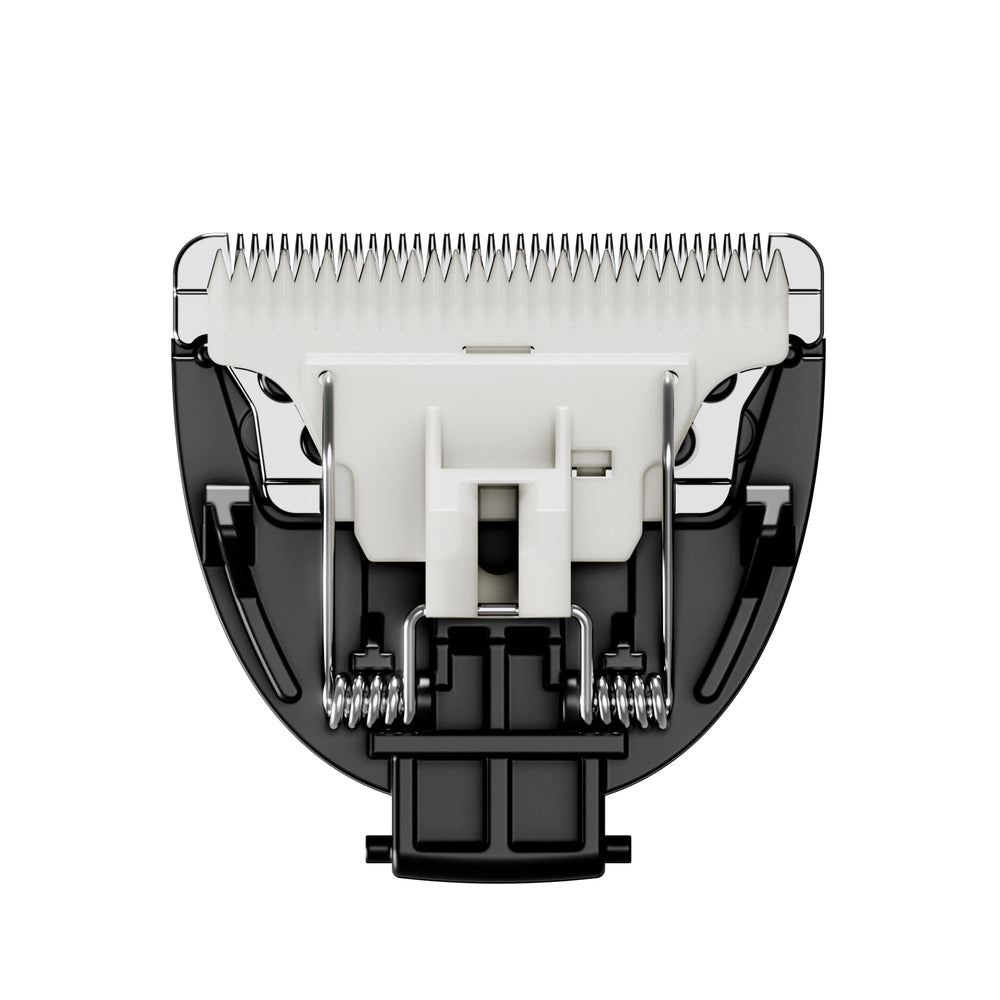 Meridian trimmer blade installation close-up showing easy replacement.