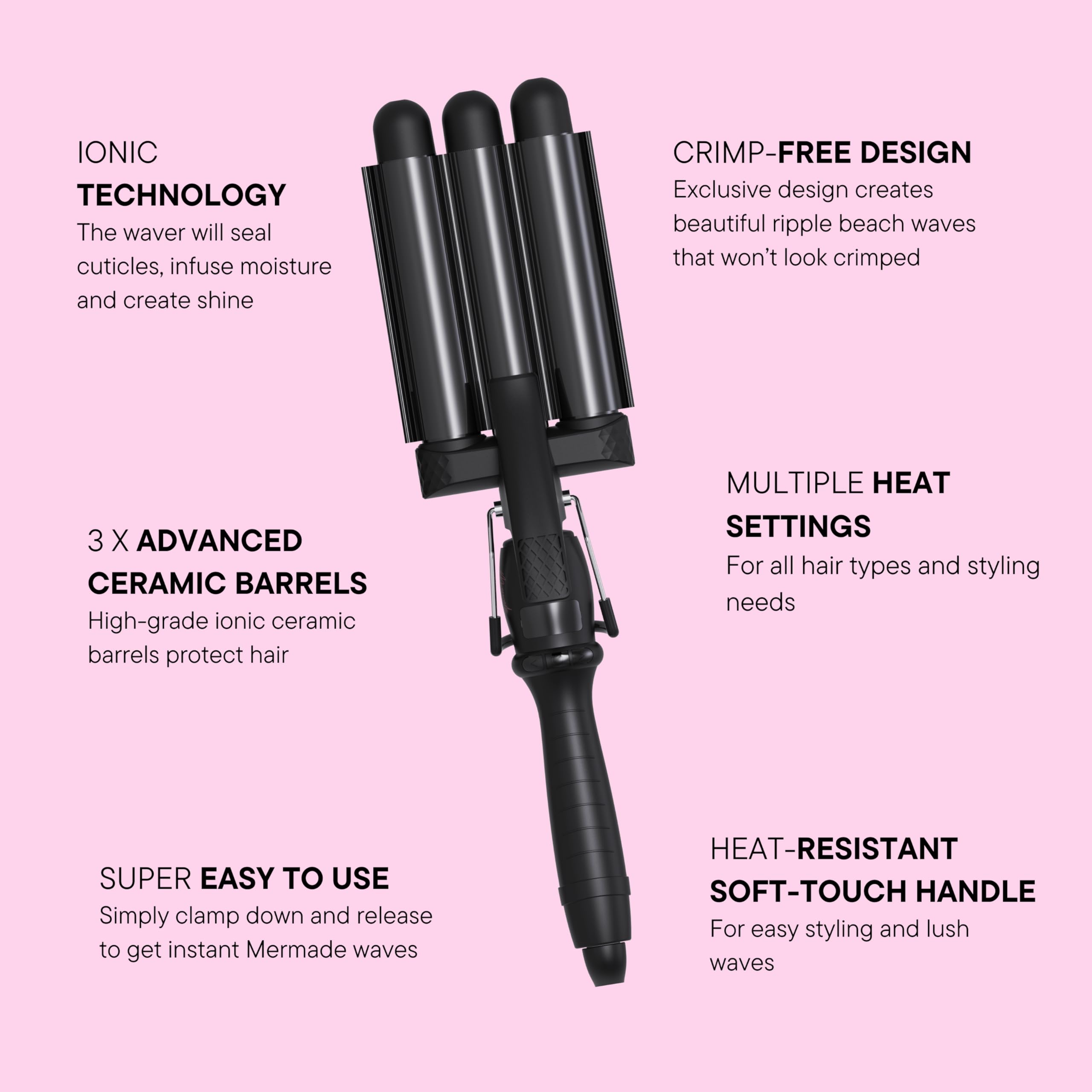 Mermade Hair PRO Hair Waver in sleek black finish shining during styling for smooth results.