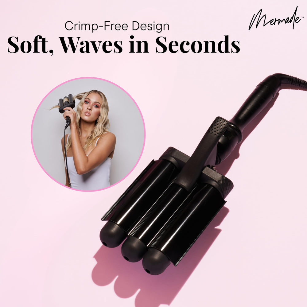 Mermade Hair PRO Hair Waver ceramic barrel glows with heat to reduce frizz.