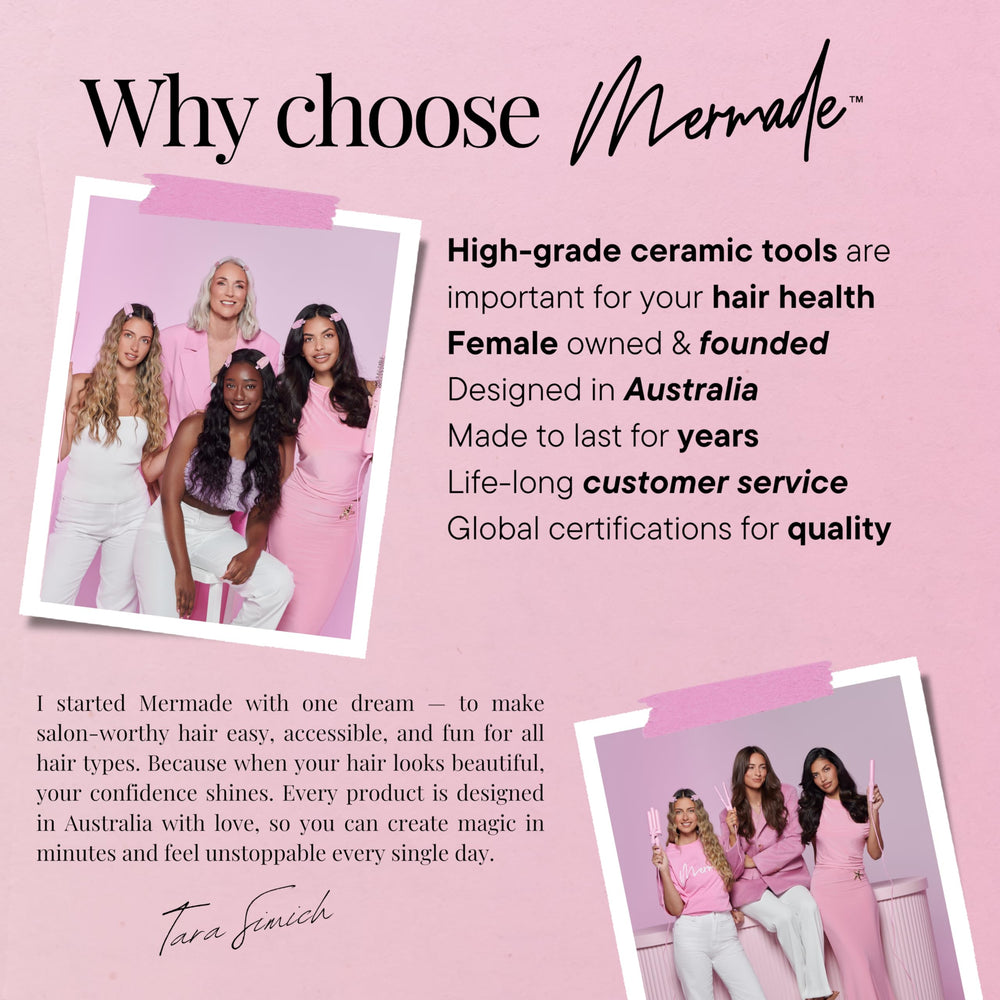 Mermade Hair PRO Hair Waver setup with accessories showing versatile looks for all hair types.